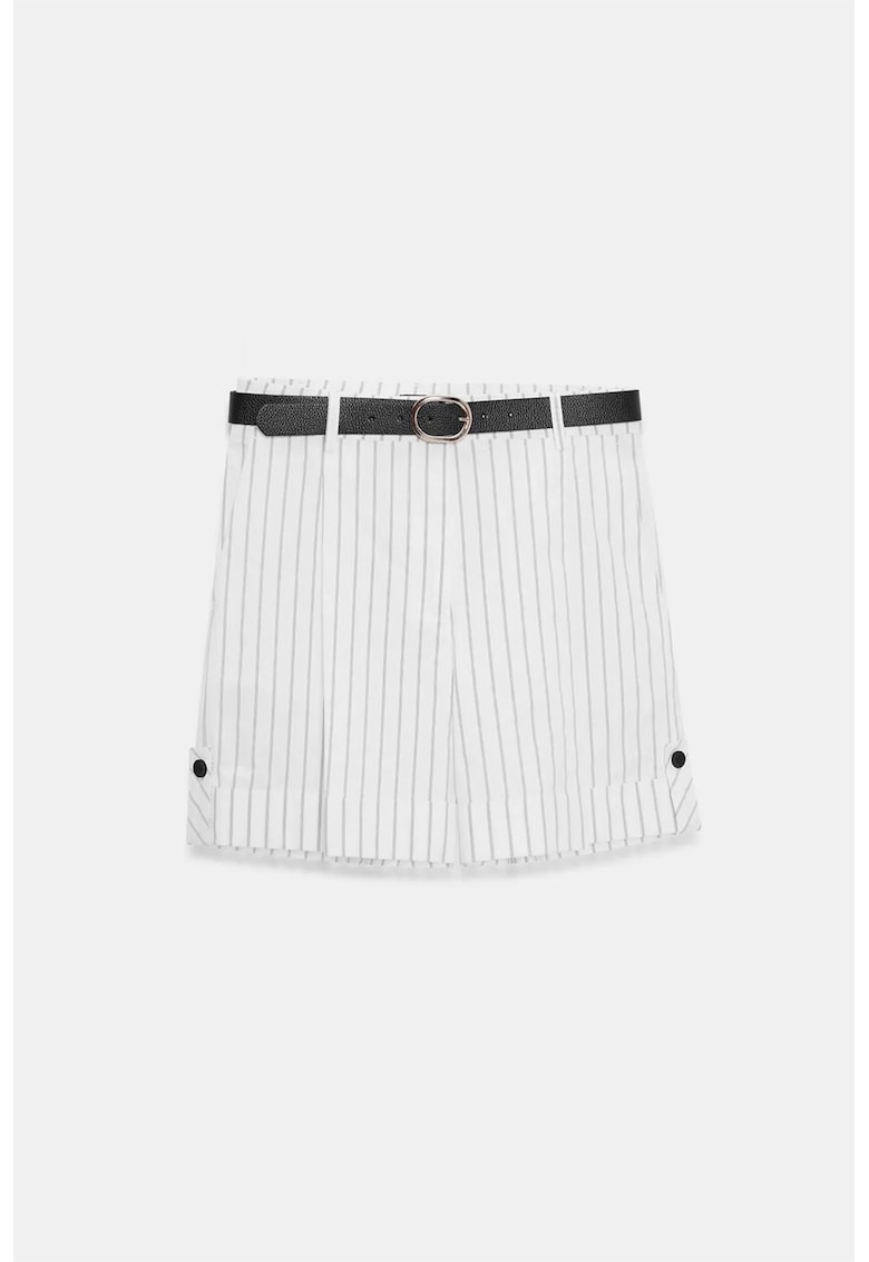 Pantaloni scurti - talie inalta - dungi - alb prafuit/negru