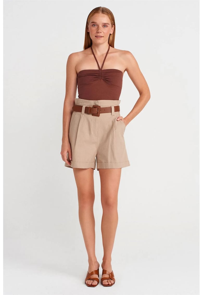 Pantaloni scurti - talie inalta - cu curea - bej natural - amestec de in
