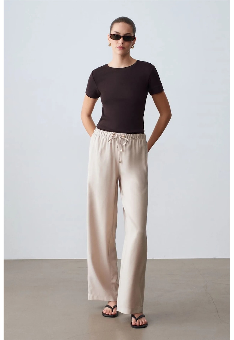 Pantaloni dama - Wide-Leg - talie elastica - piatra naturala