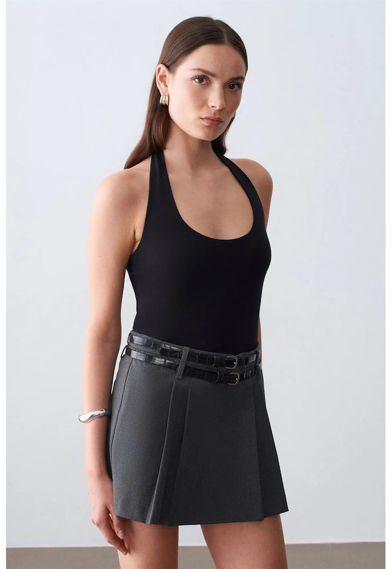 Bluza dama - cu guler Halterneck - croiala Slim-Fit - negru - 47% modal - 46% bumbac - 7% elastan