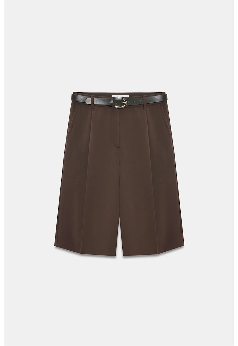 Pantaloni scurti - talie inalta - picior larg - maro cafea - cu curea