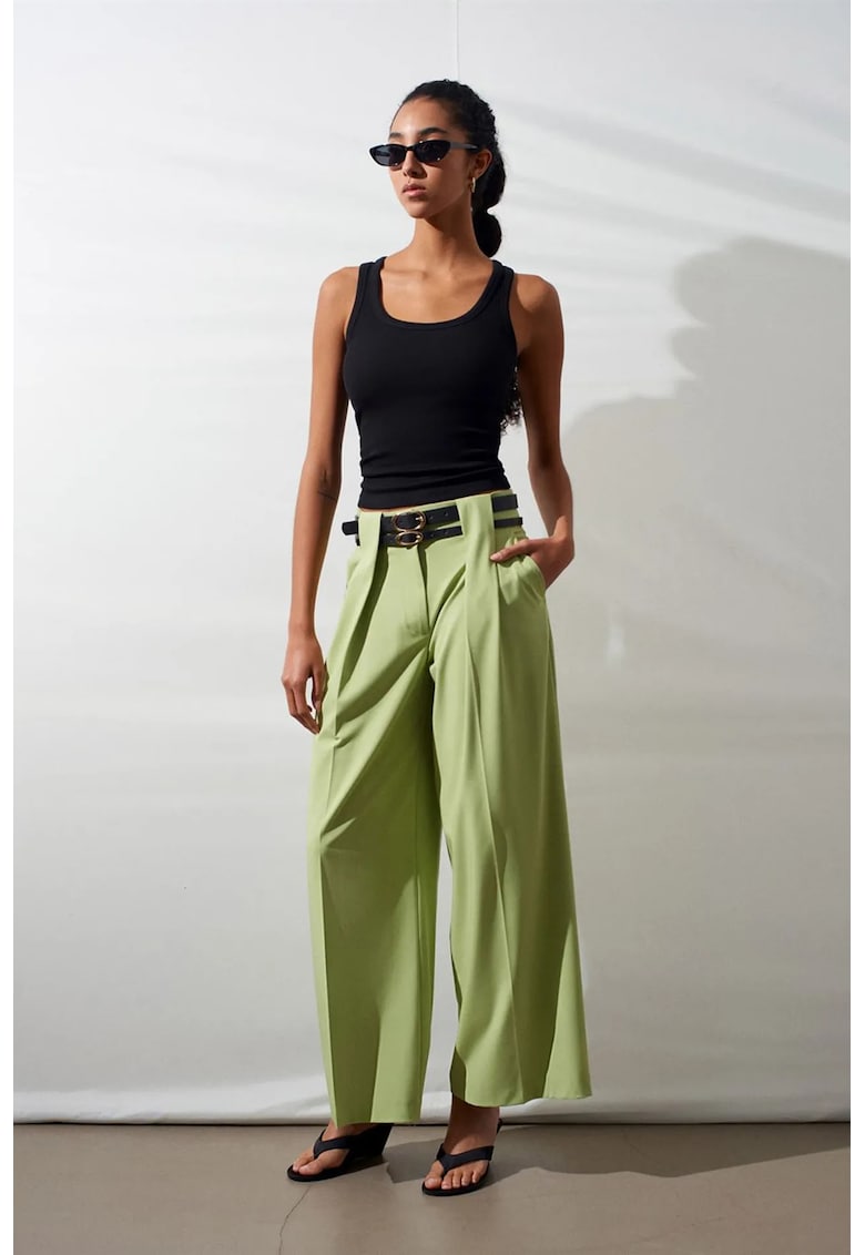 Pantaloni dama - talie inalta - croiala larga - pliuri - verde salvie - crep tesut