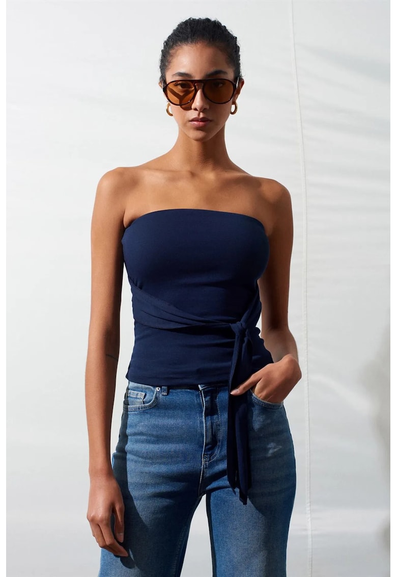 Bluza dama - jerseu mulat - detalii cu snur - albastru marin - 57% bumbac - 38% modal - 5% elastan