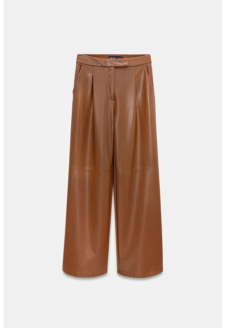 Pantaloni dama - talie inalta - croiala larga - maro camel - imitatie de piele
