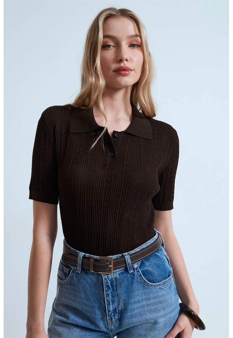 Bluza dama - polo - dantela texturata - maro - poliester - poliamida - viscoza -