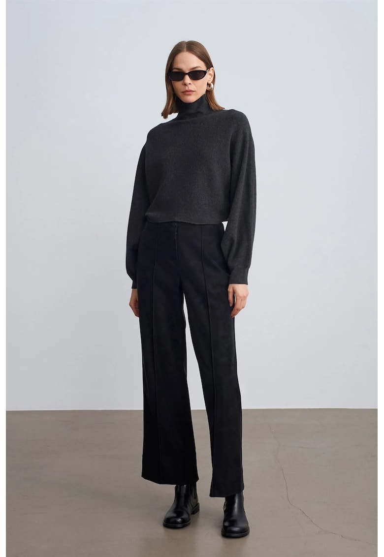 Pantaloni dama - talie inalta - negru - imitatie de piele