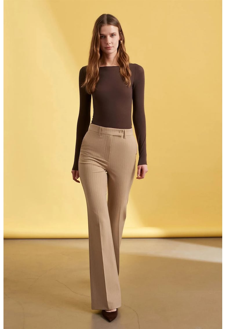 Pantaloni dama - talie inalta - picior larg - bej natural - poliester-viscoza-elastan