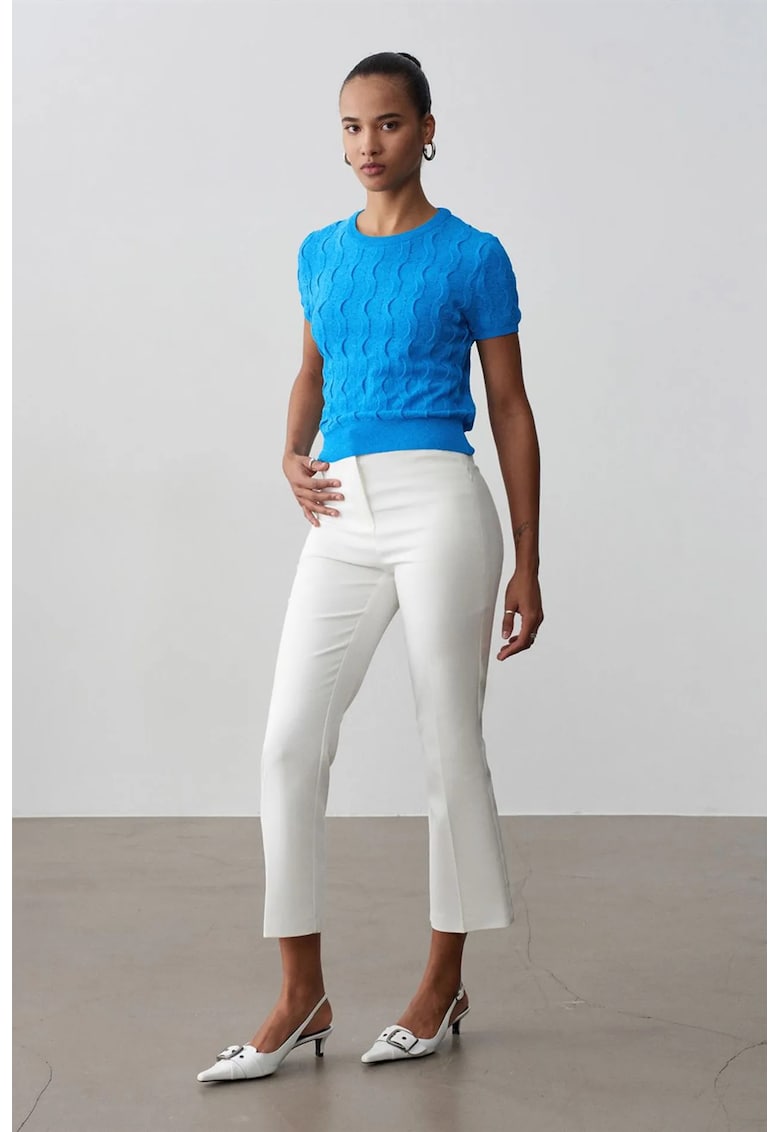 Pantaloni dama - Capri evazati - talie inalta - alb - bumbac/poliester/elastan