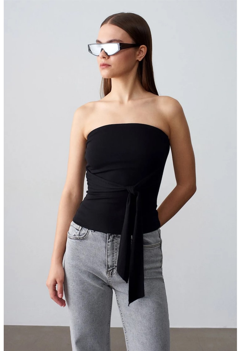 Bluza dama - bluza fara bretele - negru - jerseu mulat - detalii cu snur