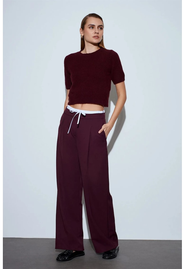 Pantaloni dama picior larg - rosu burgundy - crep - cu buzunare