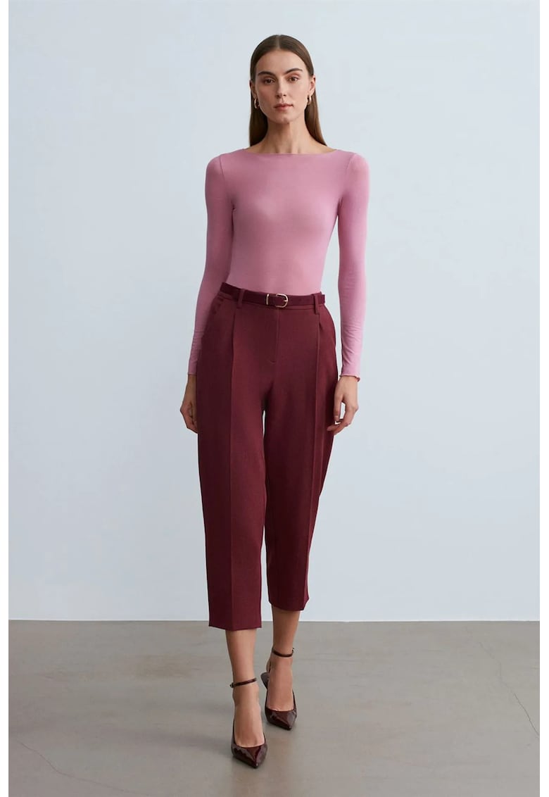Pantaloni dama - Capri Cigarette - cu curea - rosu burgundy - poliester-viscoza-elastan