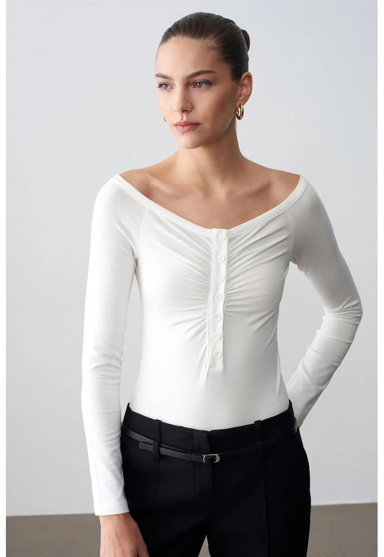 Bluze dama - Bluza Body Slim-fit - Alb - Bumbac-Modal-Elastan