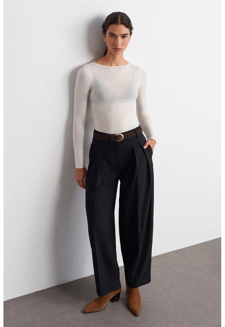 Pantaloni dama - talie inalta - croiala ampla - pliuri - negru - poliester