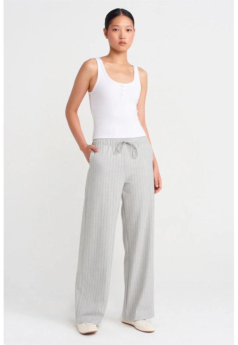 Pantaloni dama - croiala larga - detalii cu snur - gri deschis - poliester-viscoza-elastan