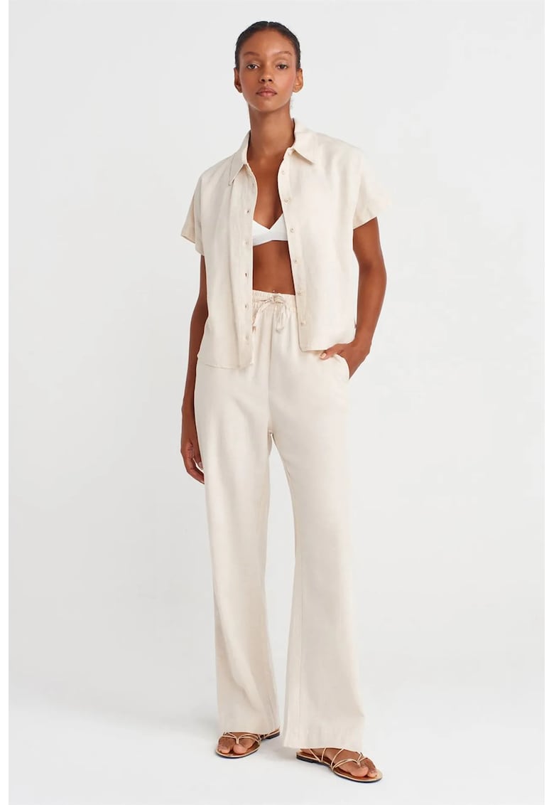 Pantaloni dama - picior larg - talie cu snur - Oatmeal Natural - 54% viscoza - 32% bumbac - 14% in