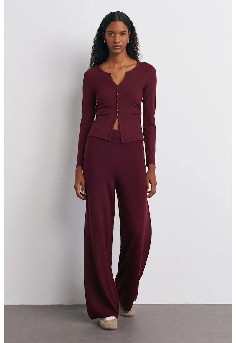 Pantaloni dama - picior larg - elastic - rosu bordeaux - tricotat -