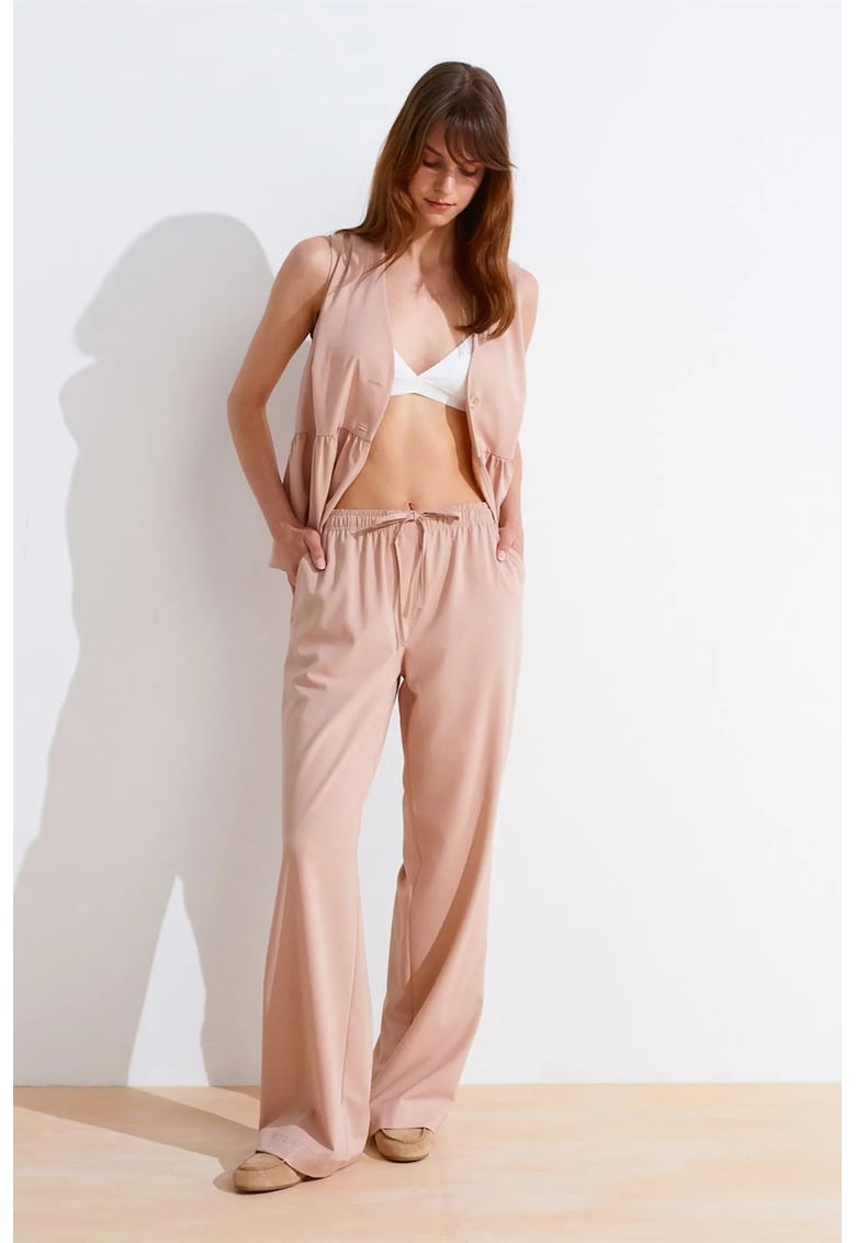 Pantaloni dama - croiala larga - roz pudrat - jerseu lycra