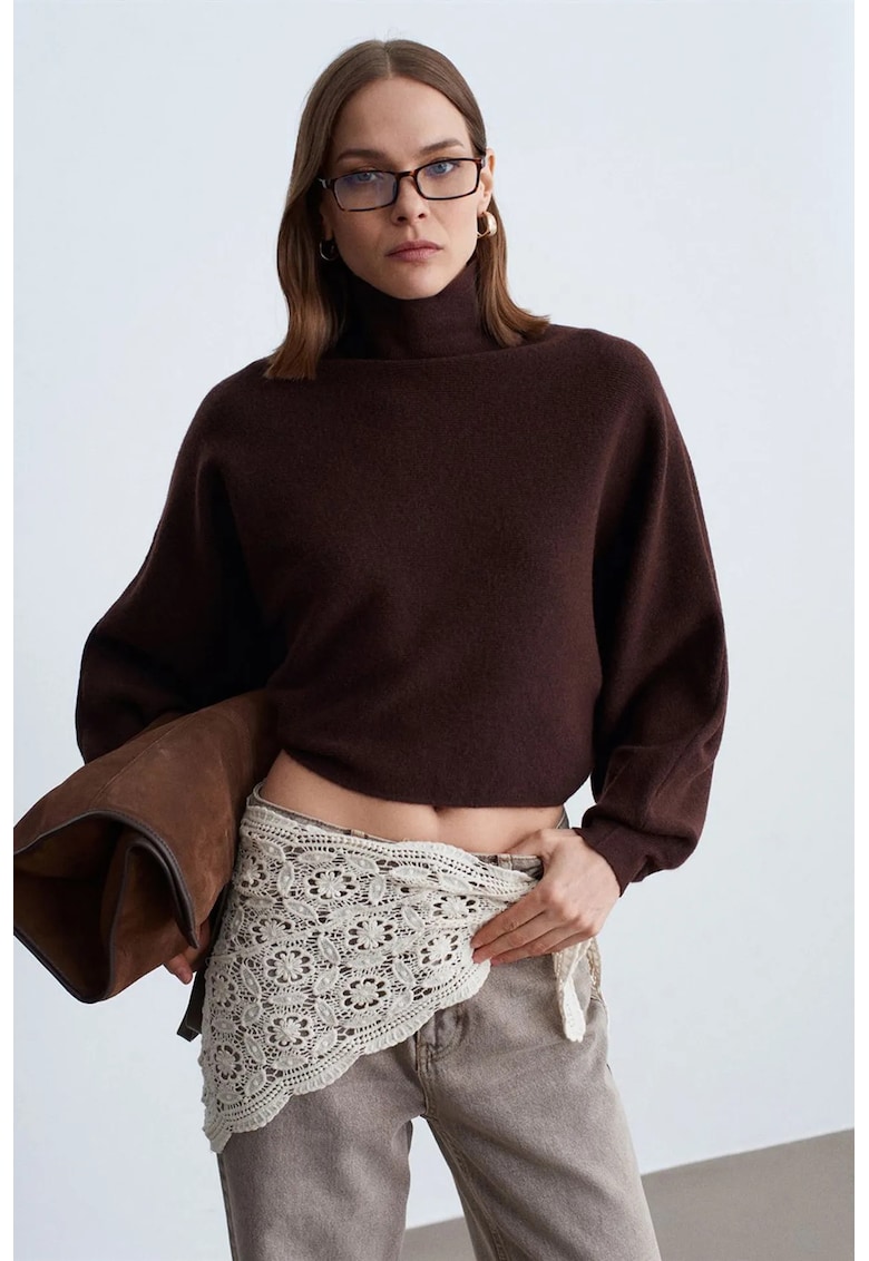 Pulover dama - supradimensionat - maneci lungi - guler inalt - maro cafea - poliester - acril - elastan - lana -