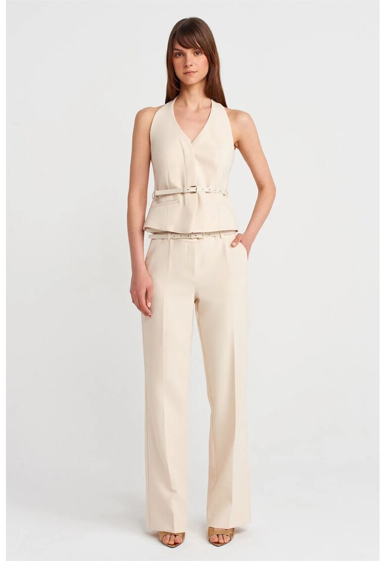 Pantaloni dama - crep - cu curea - crem natural - casual