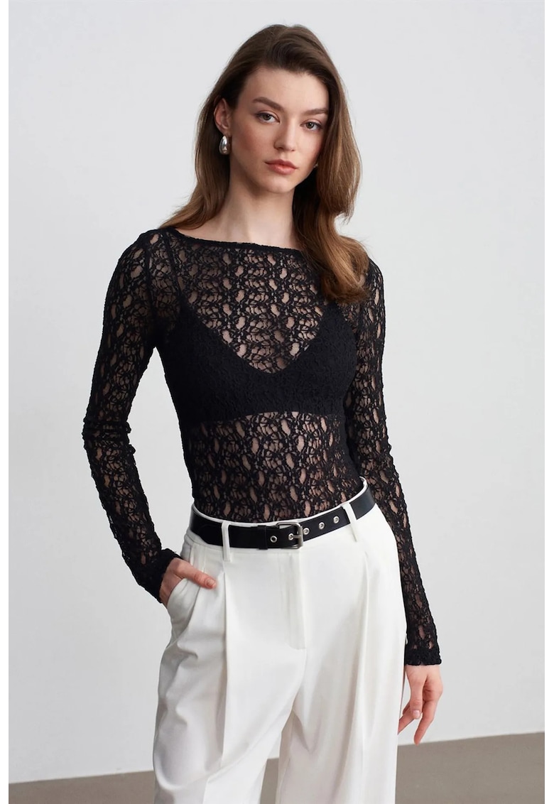 Bluza dama - Bluza Slim Fit cu guler barca si dantela - Negru - Elegant - 92% poliamida - 8% elastan