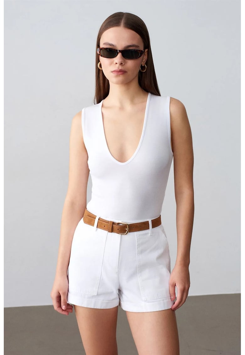 Body femei - croiala slim - decolteu in U - alb - bumbac/modal/elastan