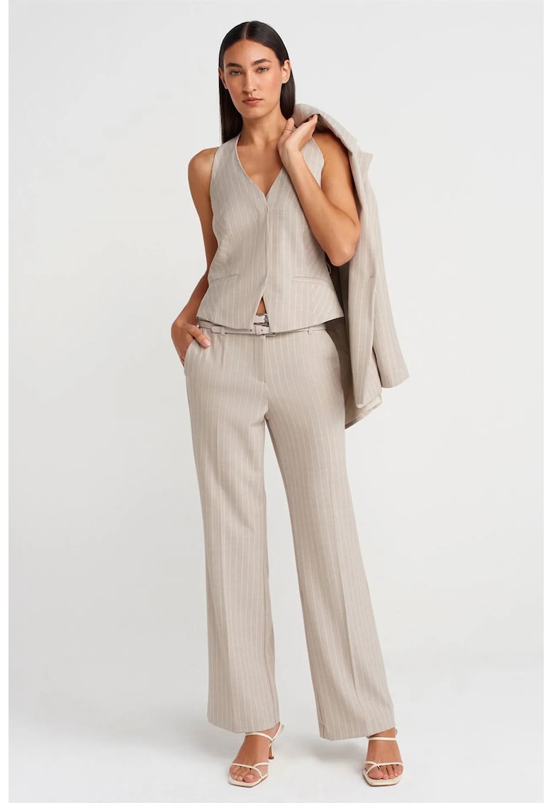 Pantaloni dama - croiala dreapta - cu curea - bej natural - tesatura medie