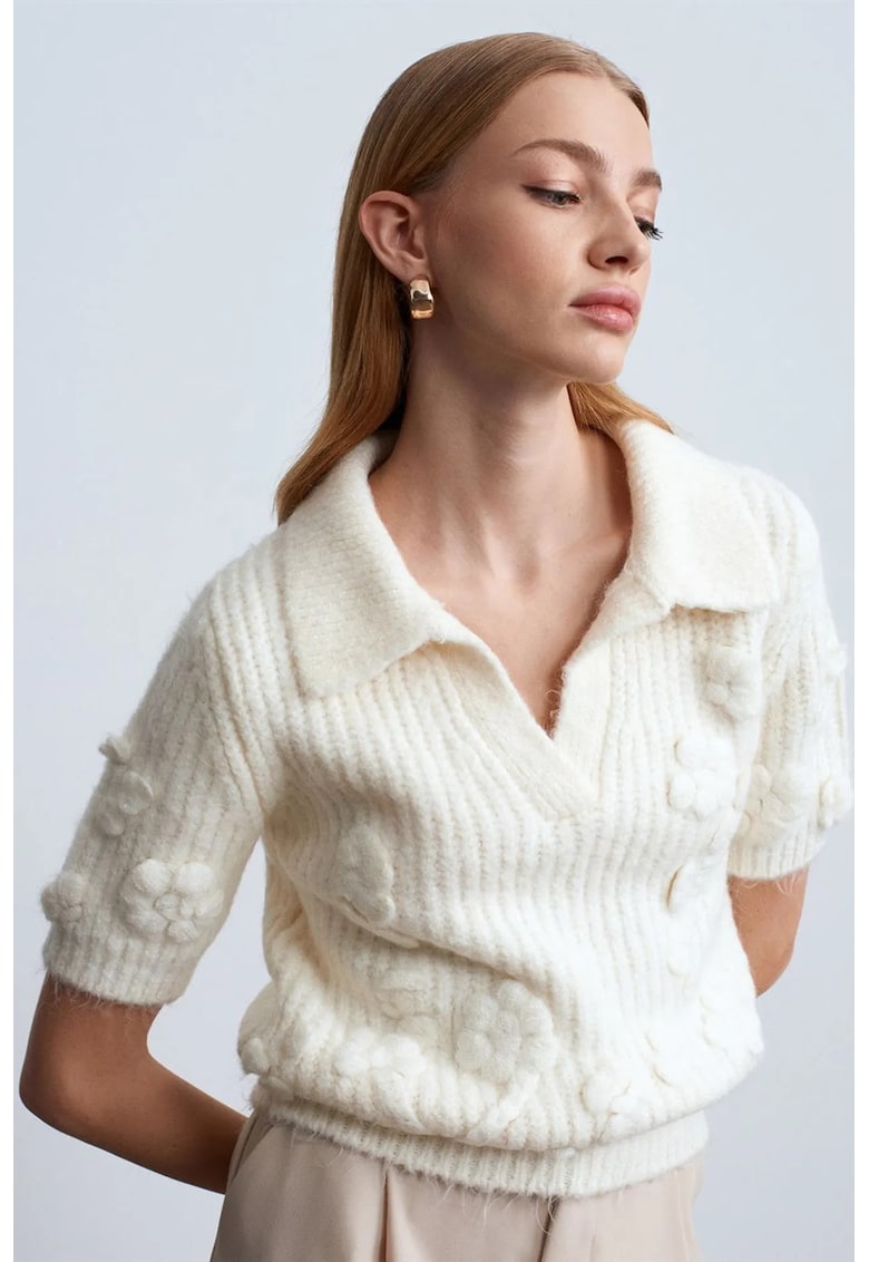 Pulover dama - cu guler polo - texturat - Ivory Natural - acrilic - poliamida - poliester - One Size INTL -