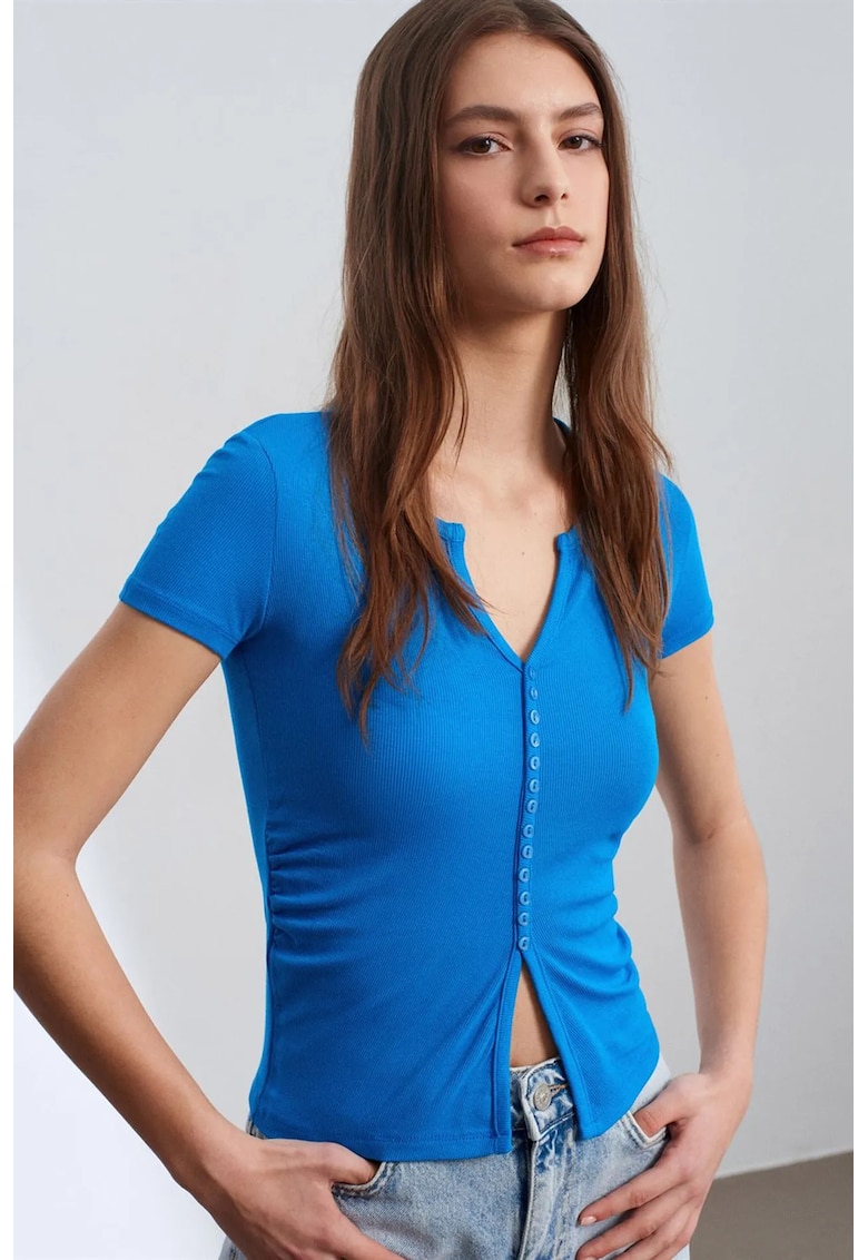 Bluza dama - slim fit - decolteu in V - albastru cobalt - tricot din modal - casmir si elastan