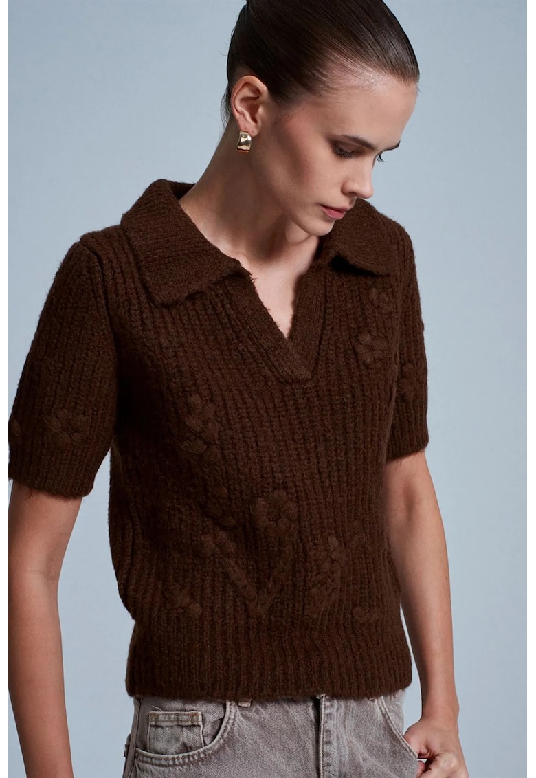 Pulover dama - guler polo - textura striata - maro cafea - acrilic - poliamida - poliester - One Size INTL -