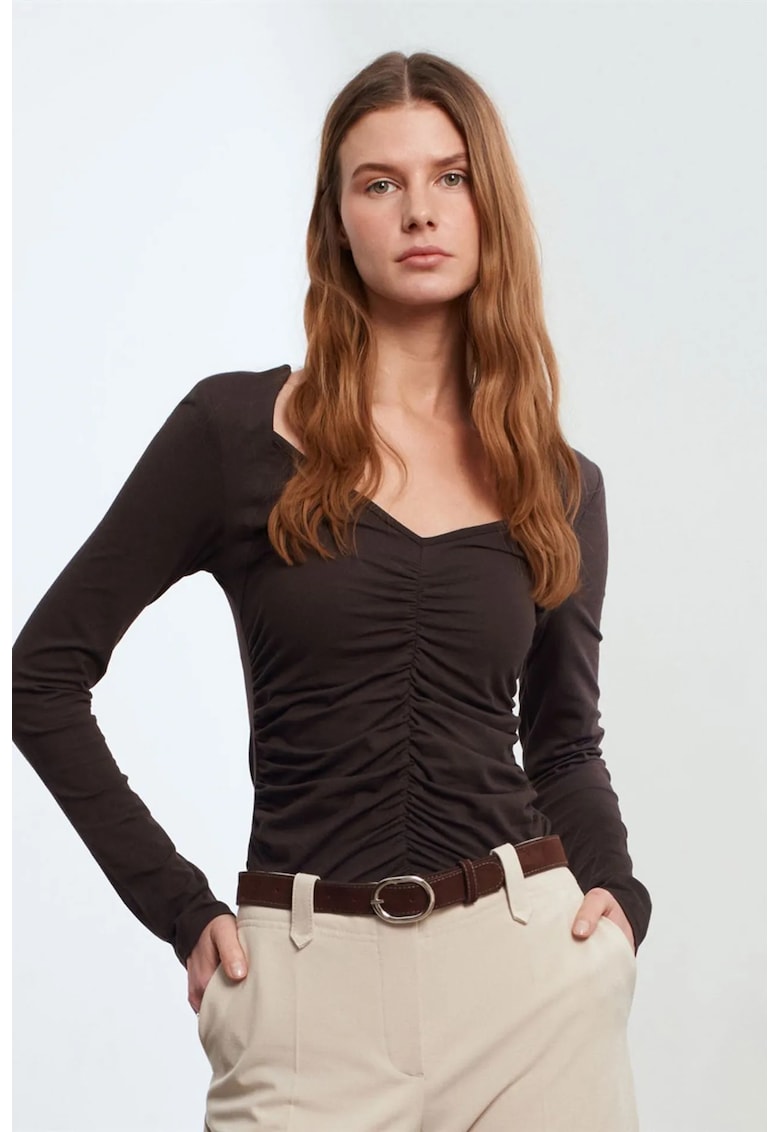 Bluza dama - Bluza Slim Fit - decolteu in V - maro cafea - jerseu