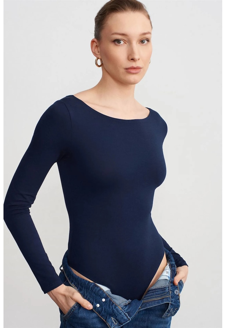 Body slim fit - decolteu barca - albastru marin - lycra
