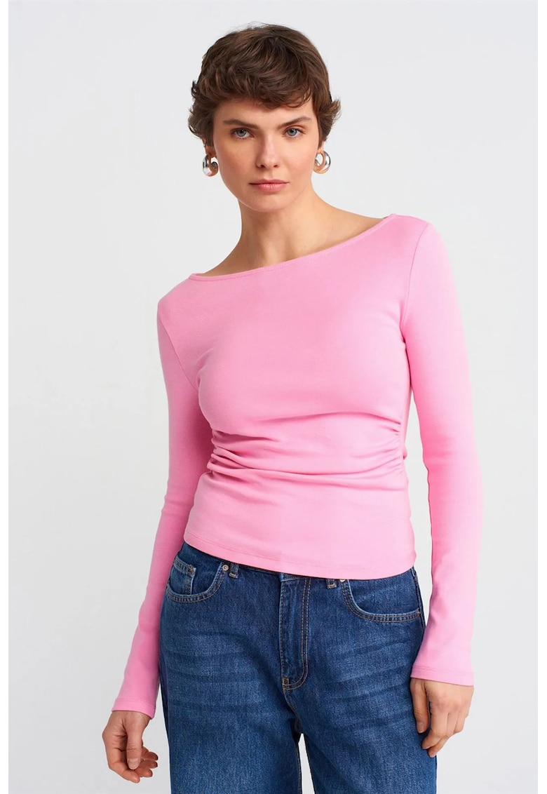 Bluza dama - Slim Fit cu guler barcuta - Roz aprins - Bumbac-elastan