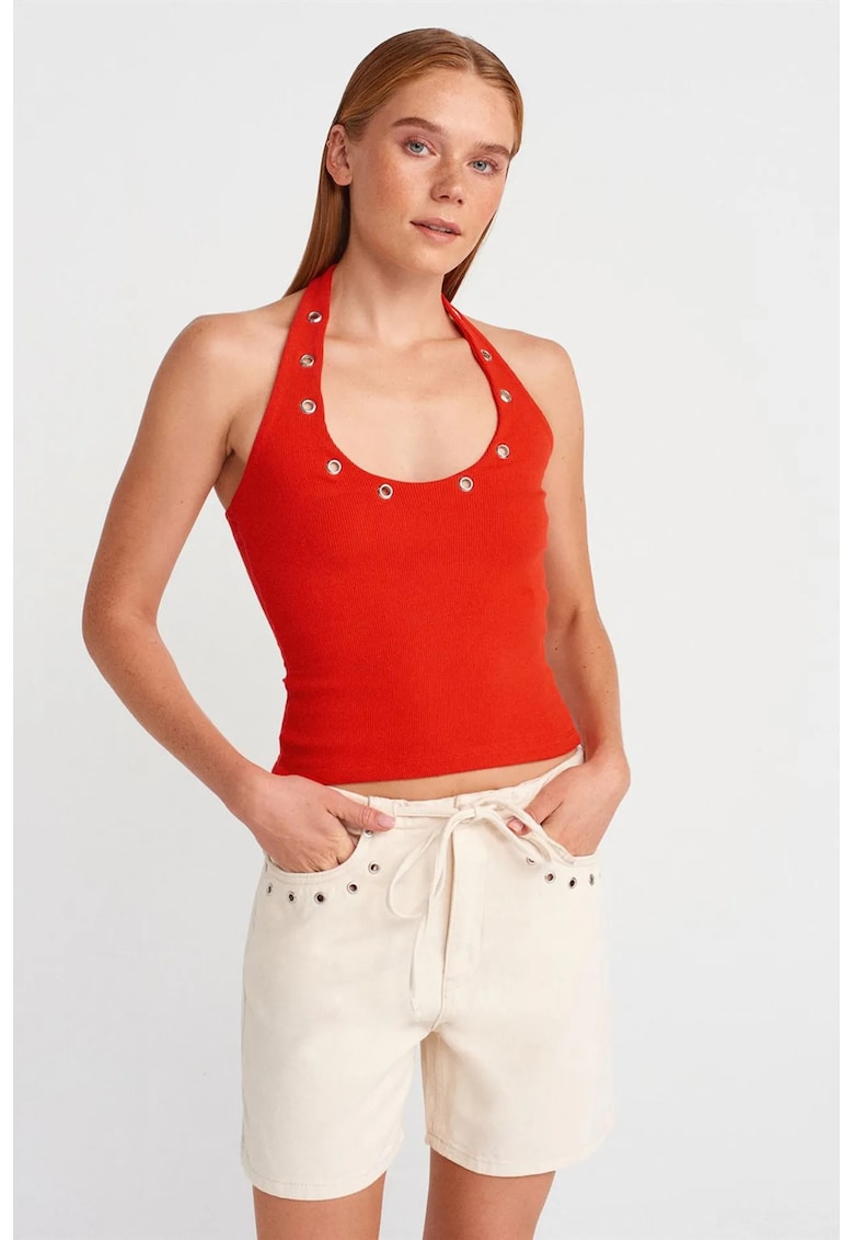 Bluza dama - crop - rosu - tricot elastic - detaliu din piatra
