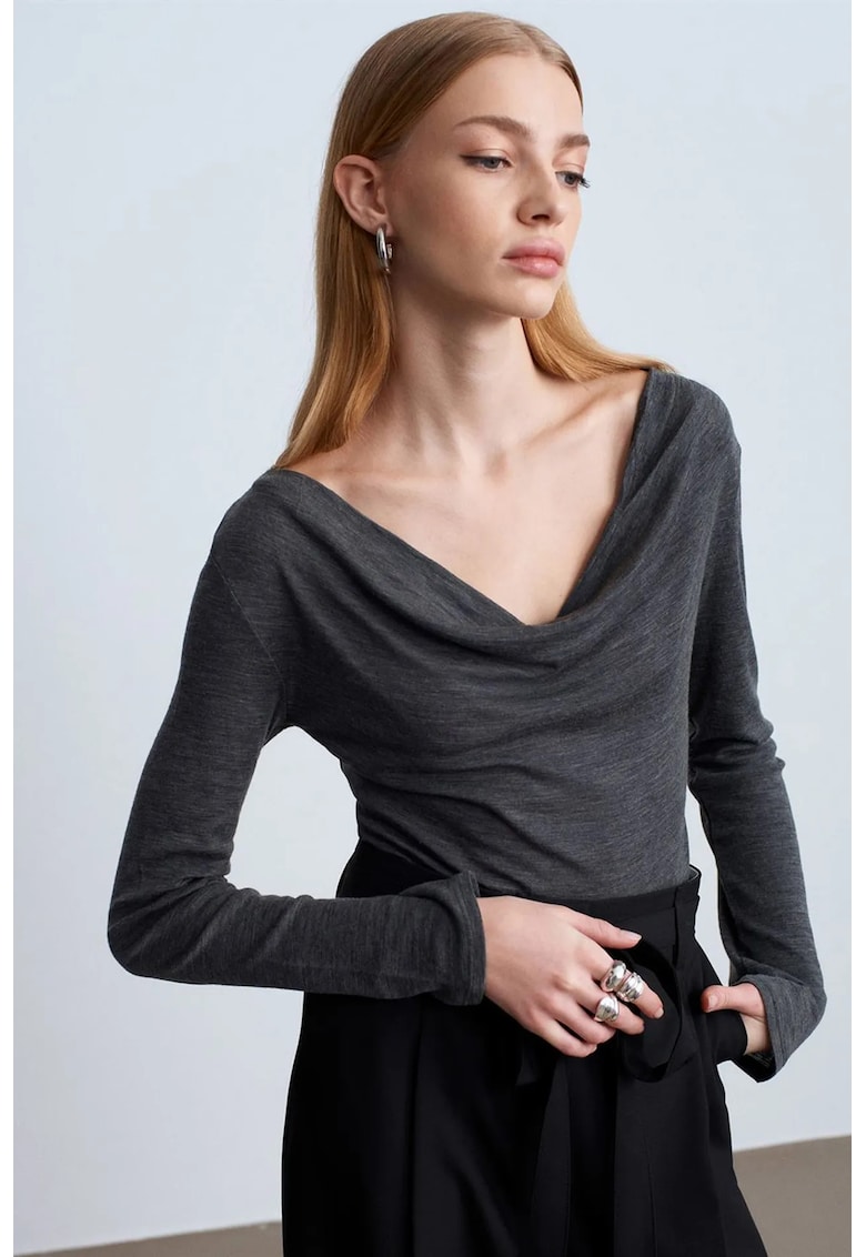Bluza tricotata din lana mulata - gri antracit - fara inchidere - maneci lungi