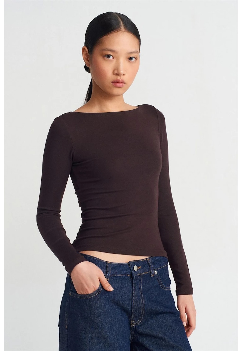 Bluza dama - bluza cu guler barcuta - maneca lunga - maro cafea - bumbac/modal/elastan