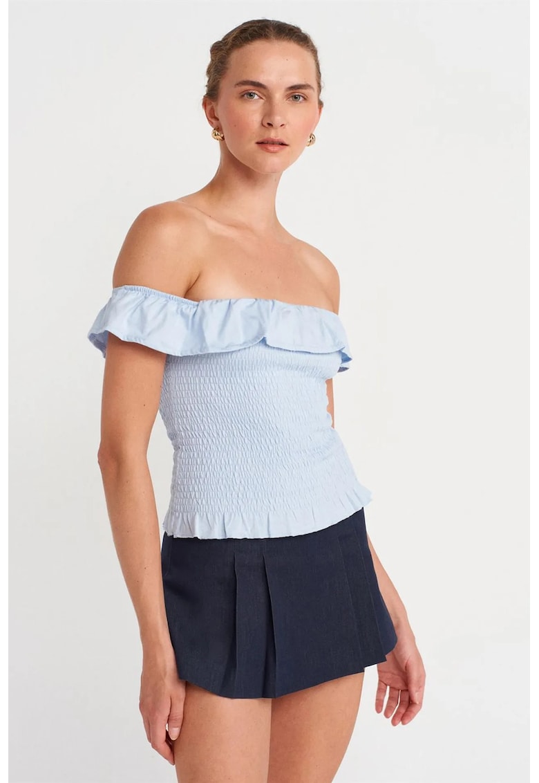Bluza dama - crop - volanase - albastru deschis - bumbac-modal