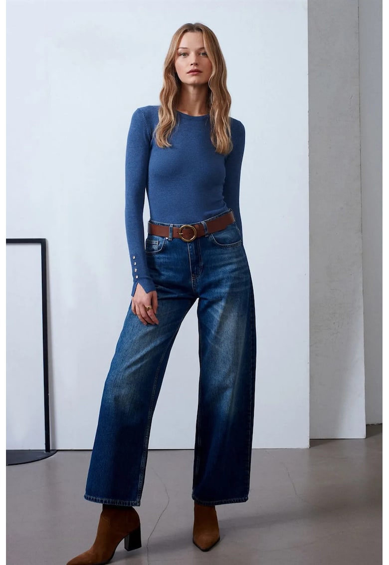 Blugi dama talie inalta - croiala larga denim albastru mediu 100% bumbac