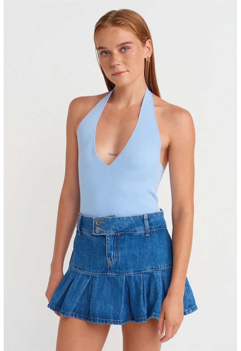 Bluza dama - Slim Fit - guler halter - Albastru deschis - tricotat -
