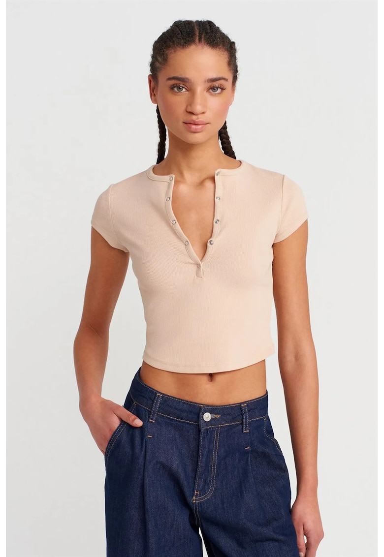 Bluza dama - crop slim-fit - decolteu rotund - bej natural - bumbac cu elastan