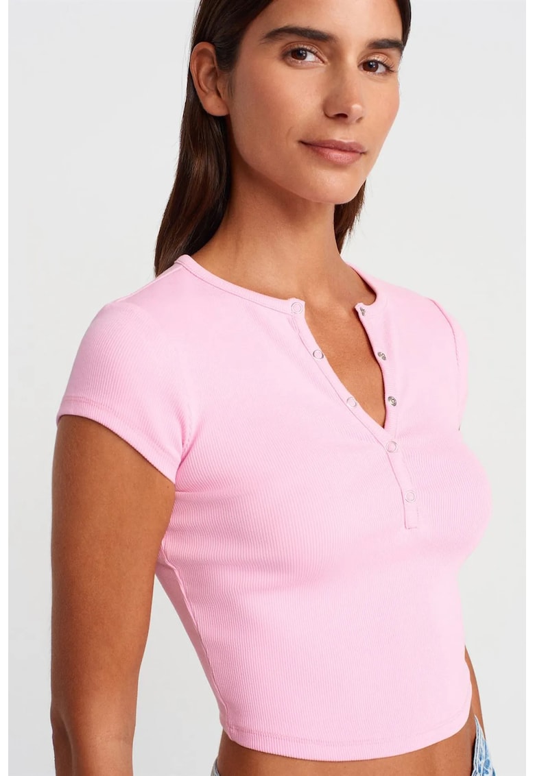 Bluza dama - scurta - slim-fit - roz pudra - bumbac cu elastan