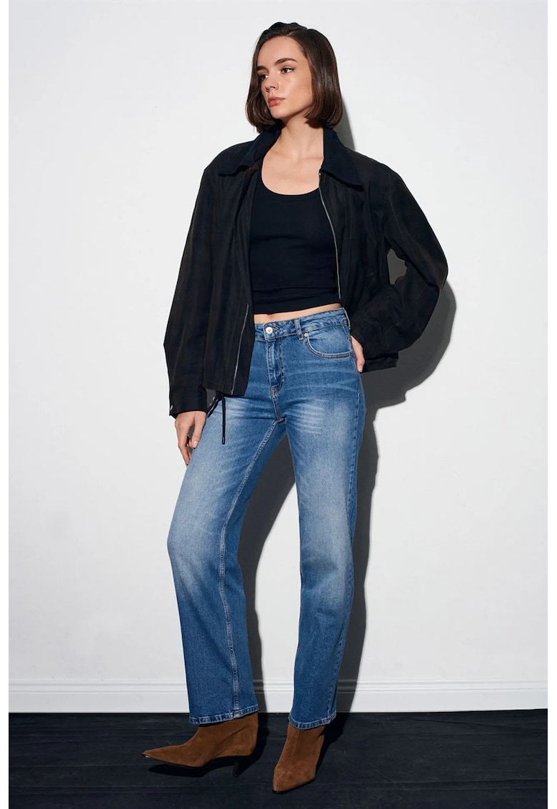Blugi dama - talie inalta - picior larg - denim albastru mediu - 99% bumbac