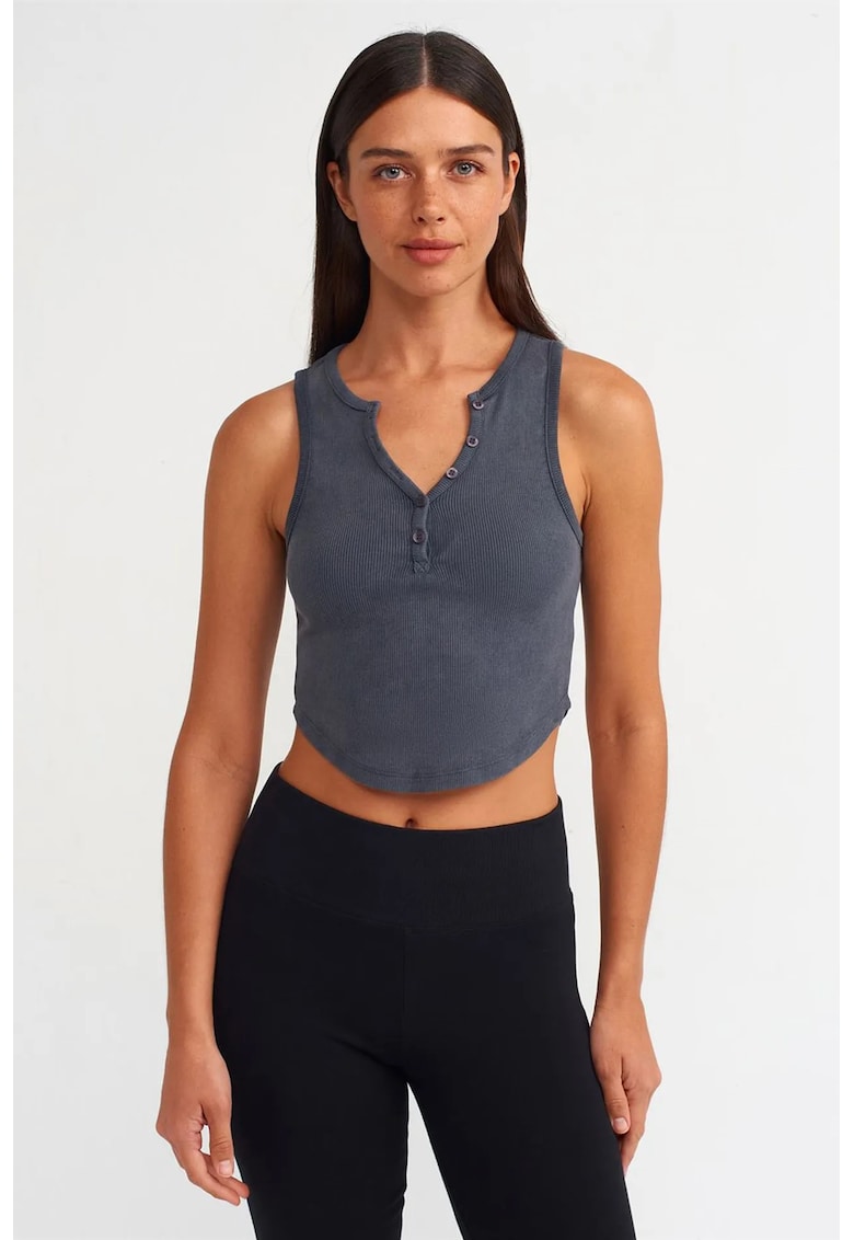 Bluza dama - crop - slim fit - gri antracit - bumbac-elastan