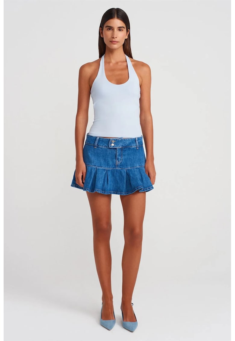 Fusta Mini Skater din Denim - Albastru - Talie Medie - Scurta