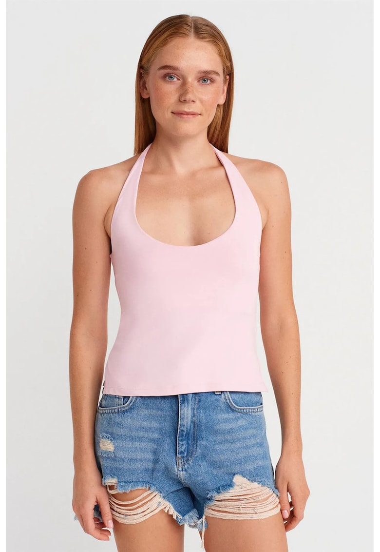 Maiou Top Slim Fit cu guler halter si decupaje - Roz Pudra - 93% nailon - 7% elastan