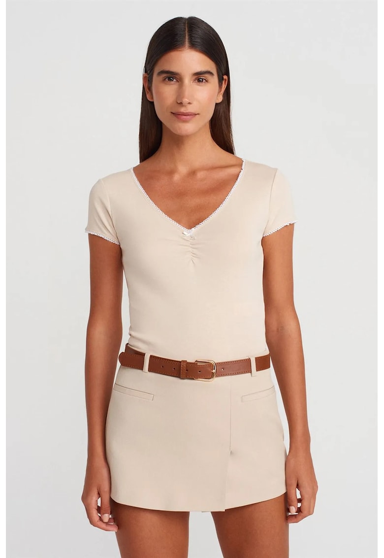Bluza crop - bumbac - volane - bej natural - casual