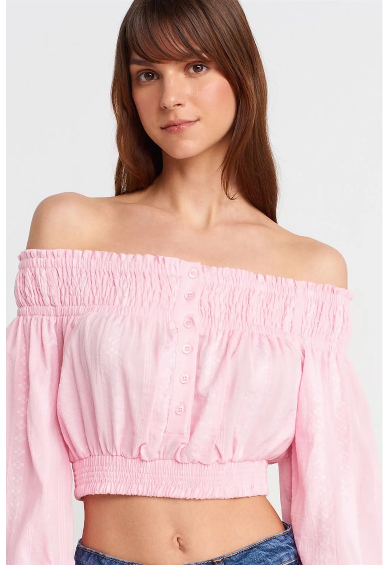 Bluza dama - crop - roz pudra - bumbac si viscoza - maneci lungi