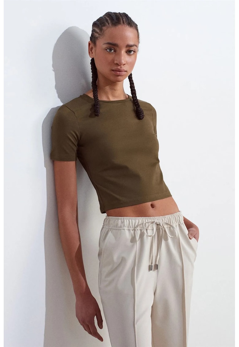 Tricou dama - slim-fit - scurt - verde kaki - bumbac cu elastan