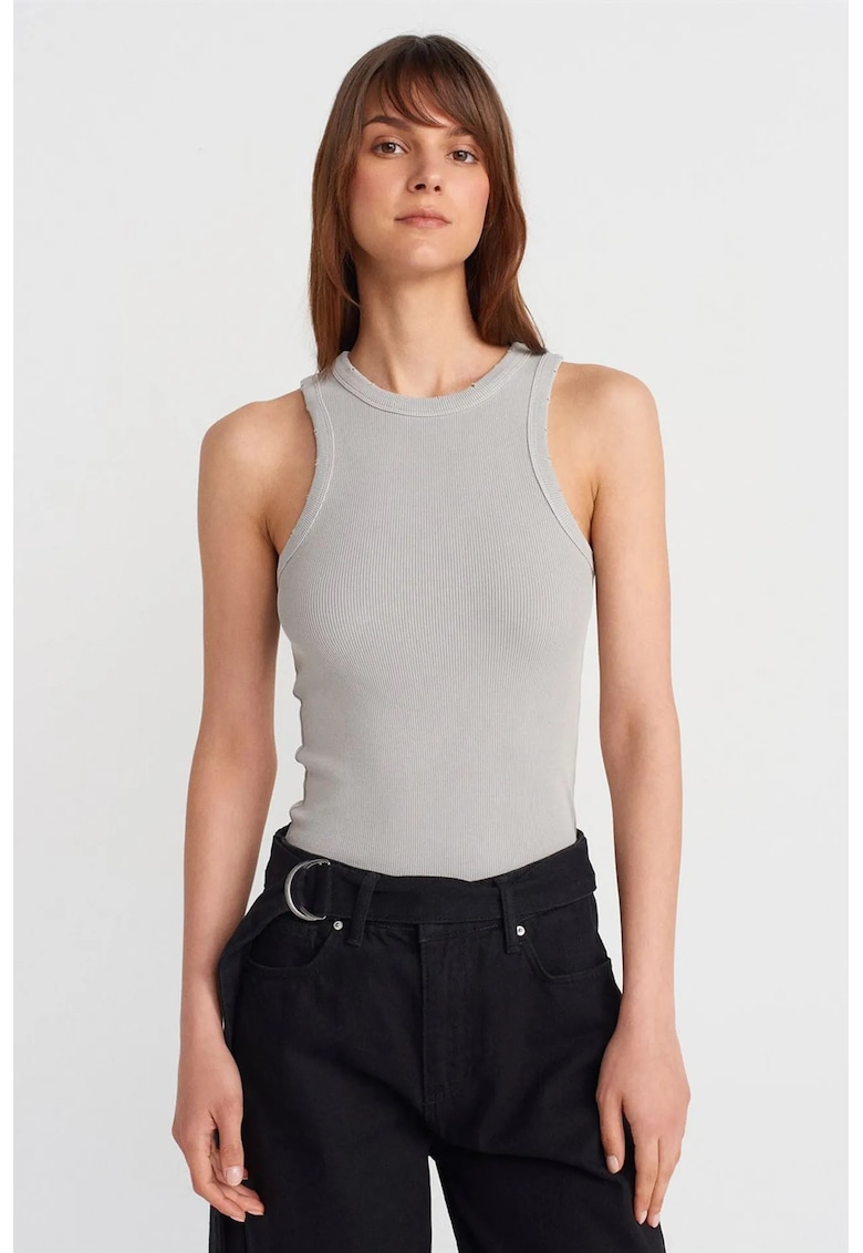 Bluza dama - tricotata reiata - casual - gri deschis - bumbac cu elastan