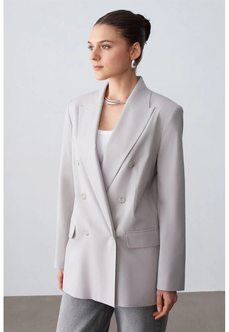 Sacou lung gri deschis - buton - poliester-viscoza-elastan - pentru femei