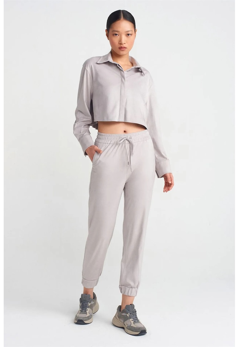 Pantaloni jogger - gri deschis - material din poliester - talie elastica